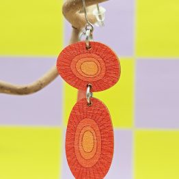 Kaksiosaiset Signe-korvikset on hempeä tuulahdus mielikuvitusmaan kukkaniityltä. Sukella pelkistettyjen muotojen ja tarkkaan harkittujen värien mukana lempeiden tuulten, linnunlaulun ja kukkaniityn tuoksujen maailmaan. Signe kukkii oranssin eri sävyissä. Materiaalina höyhenenkevyt suomalainen koivuvaneri, kaikki metalliosat terästä (nikkelitön).